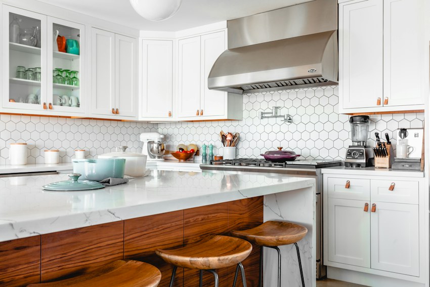 Kitchen interior with practical work surfaces and cabinetry